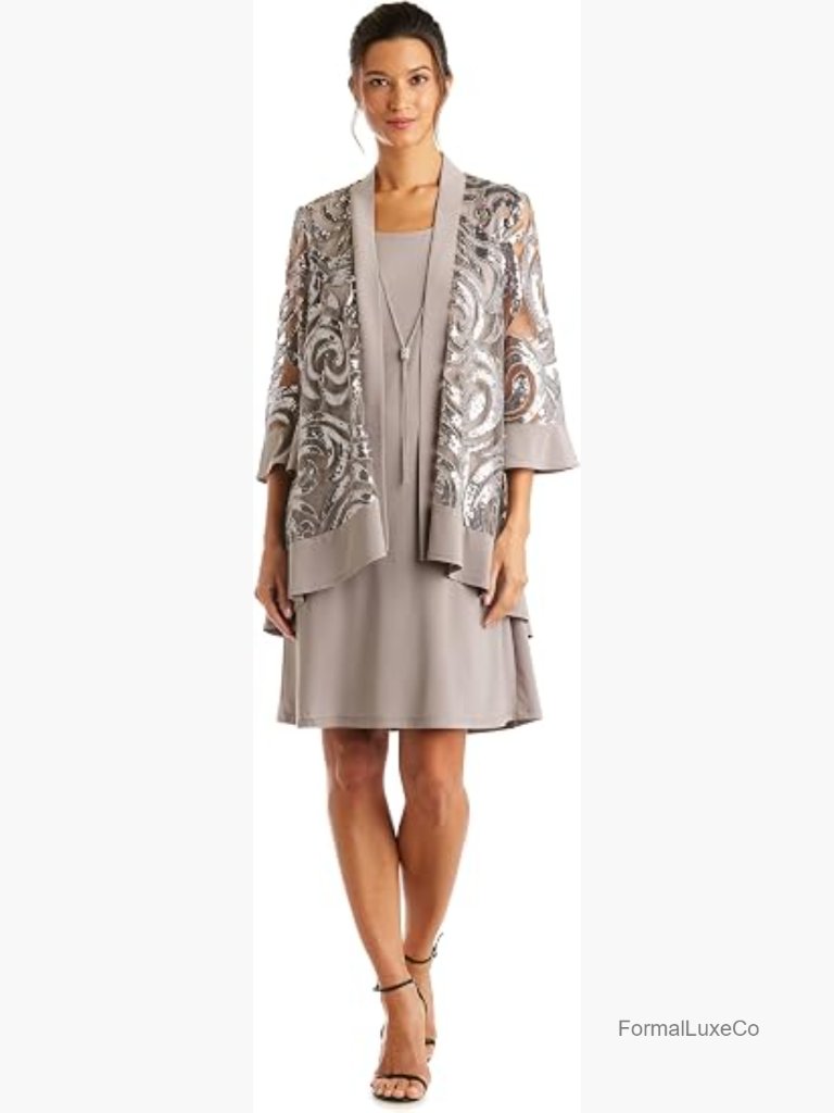 Sequined 3/4 Sleeve Sheath Dress With Jacket Petite